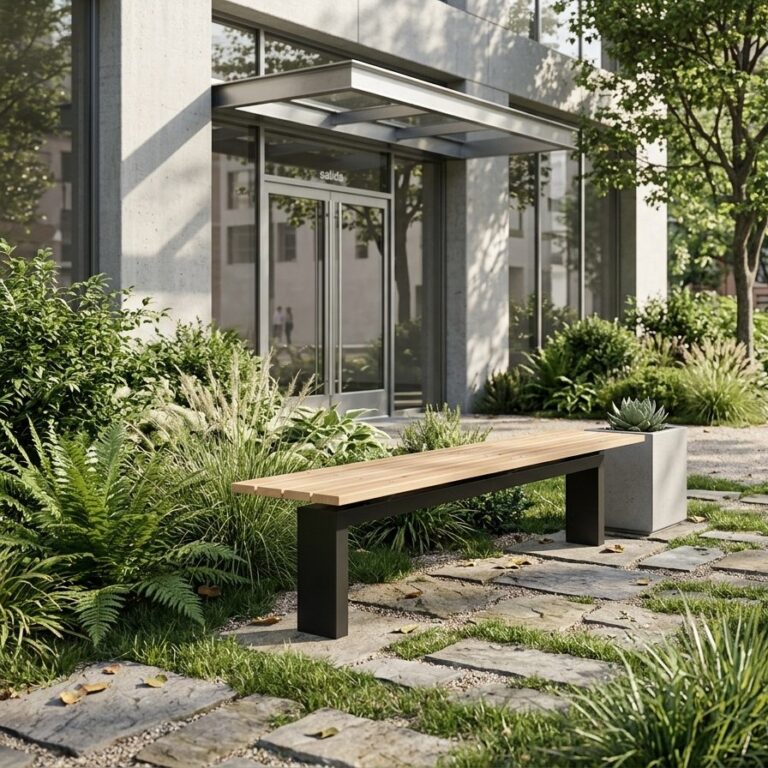 Banqueta / Escaño Brux-E instalada en un acceso con jardín